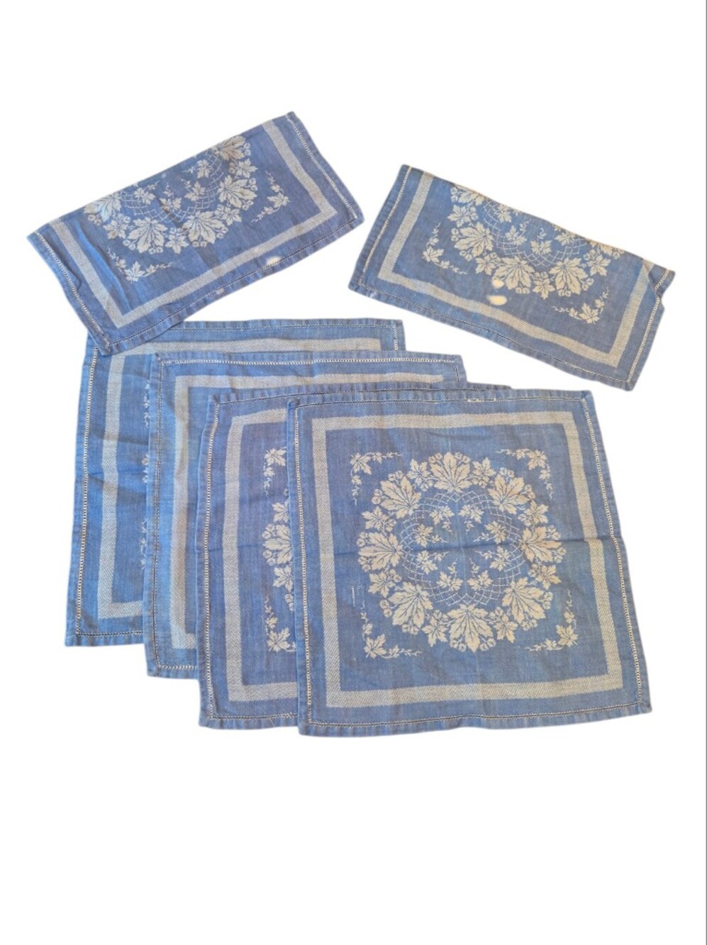 Vintage Blue White Damask Linen Blend Napkins Set of 6 Cottage Farmhouse Table